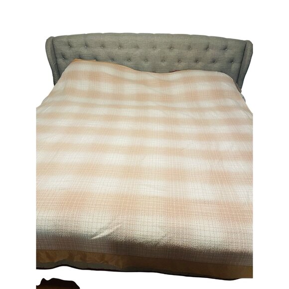 Faribo Wool Satin Vintage Beige Checkered Blanket 88.5" Faribault Fluff Loom - Picture 14 of 16